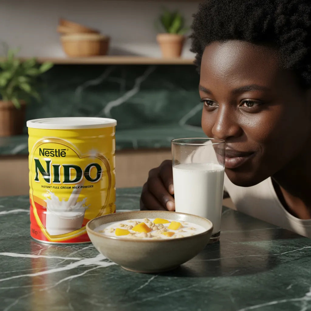 Femme dégustant un verre de lait préparé avec NIDO, lait en poudre nutritif pour un petit-déjeuner équilibré et savoureux.